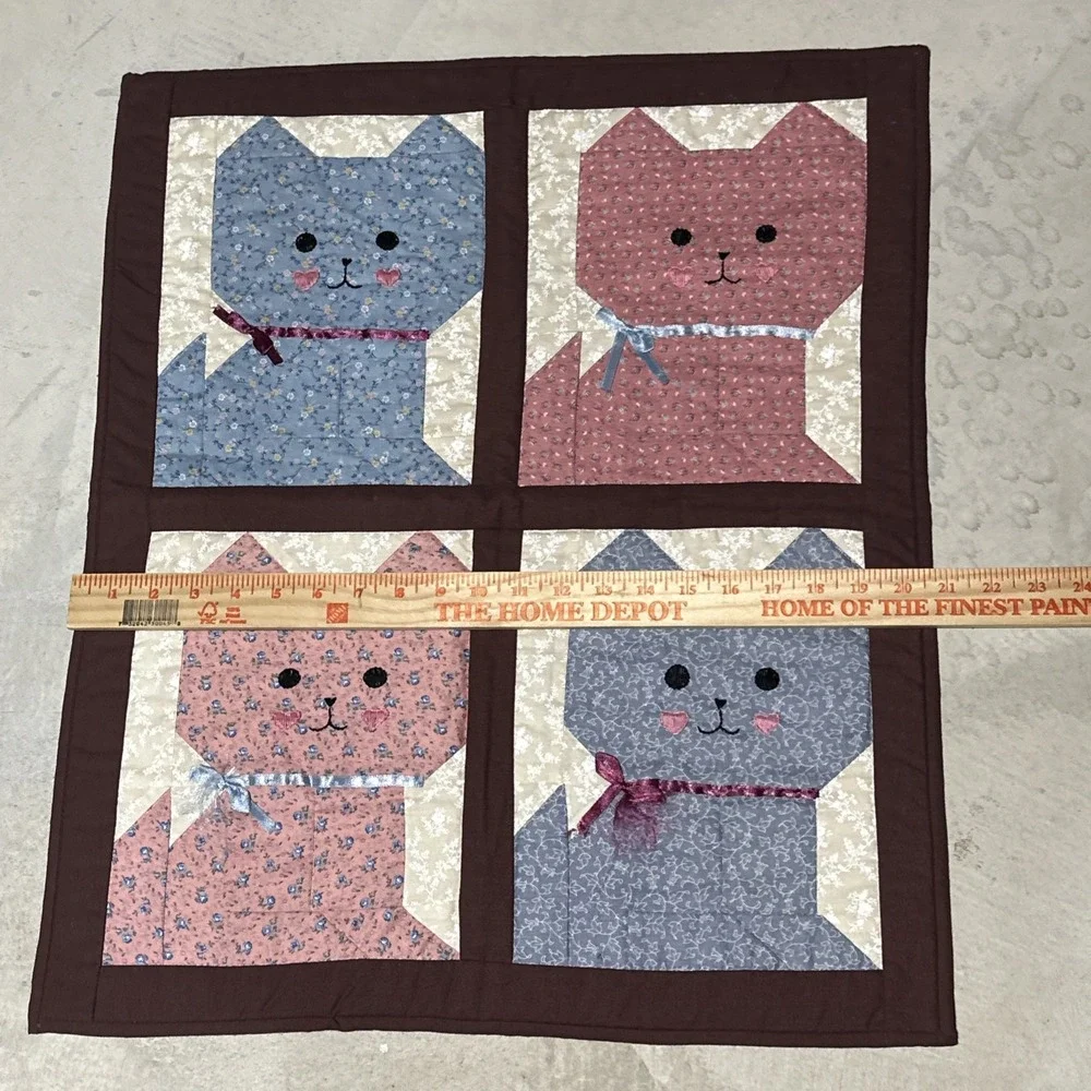 Kitty Cat Quilt Wall Hanging Handstitched Artwork SZ 20x25 Baby Blue Pink